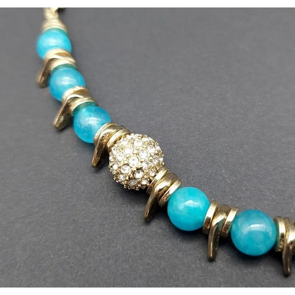NWT Sequin Gold Tone & Blue Bead Collar Necklace Asymmetrical Paved Pendant 18